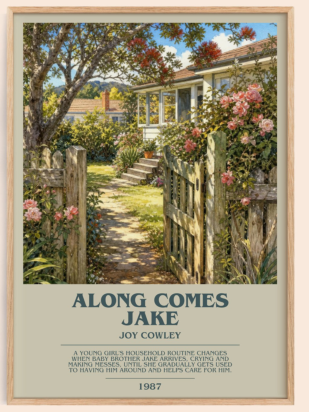 Along comes Jake bookish book poster by Joy Cowley – framed literary art print