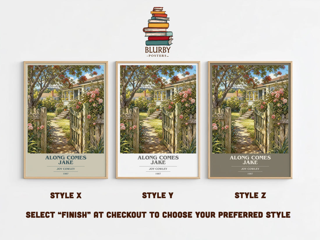 Along comes Jake book cover print in frame leaning in hallway – childrens wall art (mockup)
