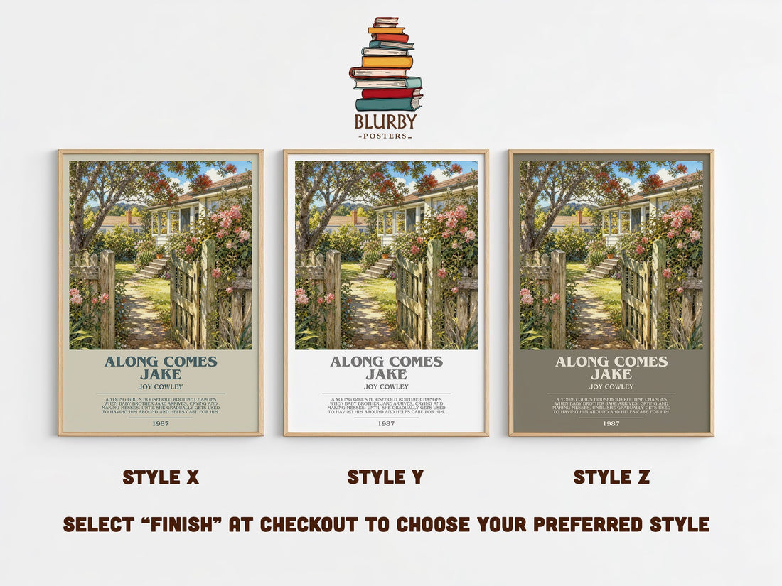 Along comes Jake bookish print in frame leaning in hallway – childrens wall art (mockup)
