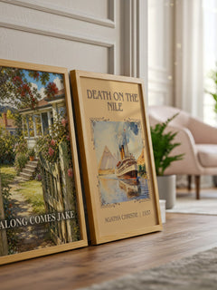 Along comes Jake watercolour print framed by window – literary home decor