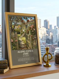 Along comes Jake bookish print framed by window – literary home decor