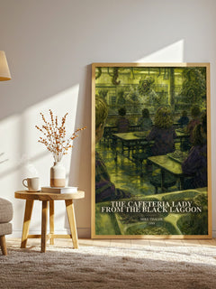 The cafeteria lady from the black lagoon watercolour print in frame leaning in hallway – childrens wall art