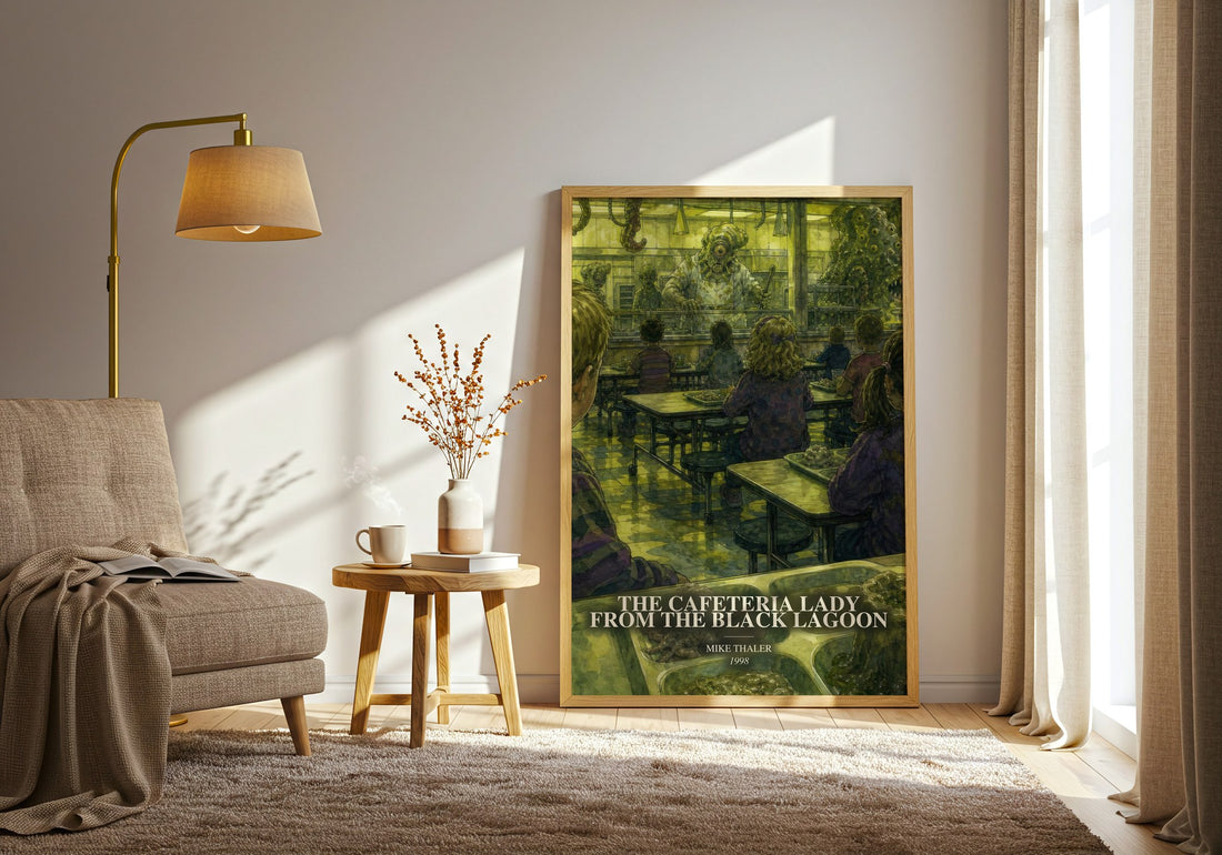 The cafeteria lady from the black lagoon watercolour print in frame leaning in hallway – childrens wall art