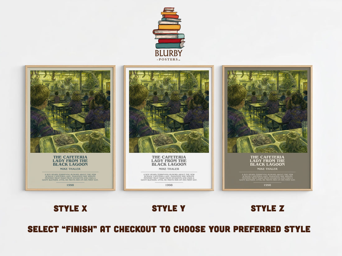 The cafeteria lady from the black lagoon bookish print in frame leaning in hallway – childrens wall art (mockup)