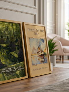 The cafeteria lady from the black lagoon watercolour print framed by window – literary home decor