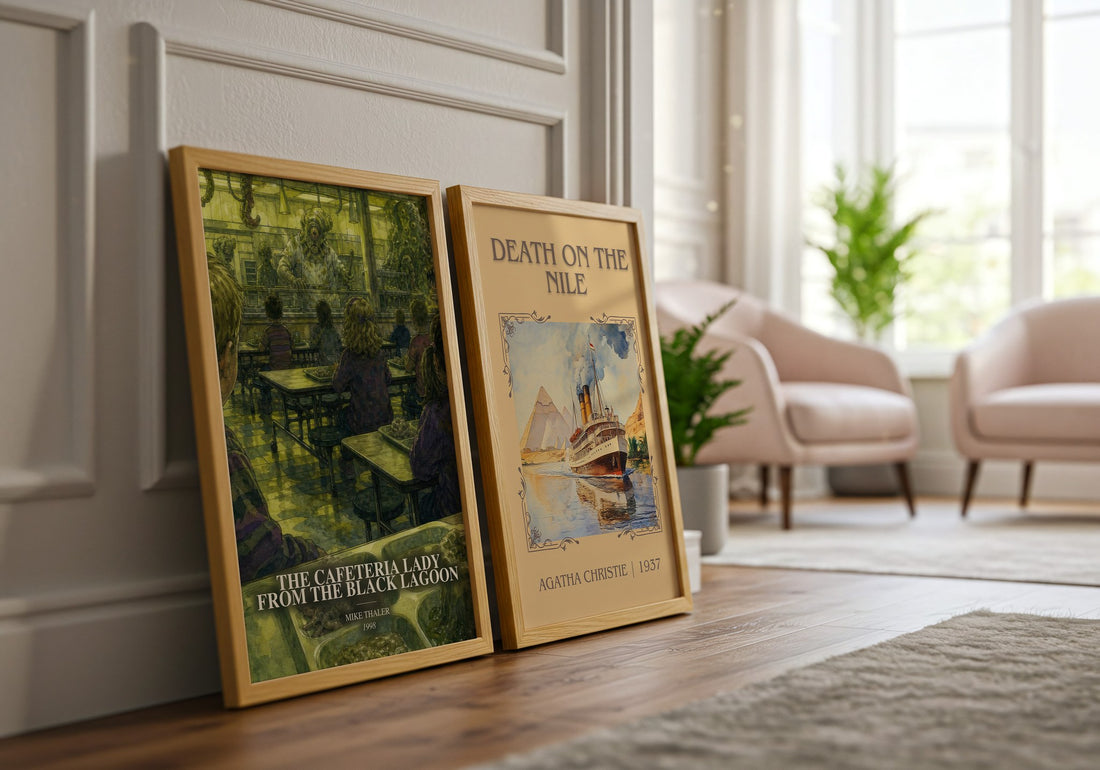 The cafeteria lady from the black lagoon watercolour print framed by window – literary home decor