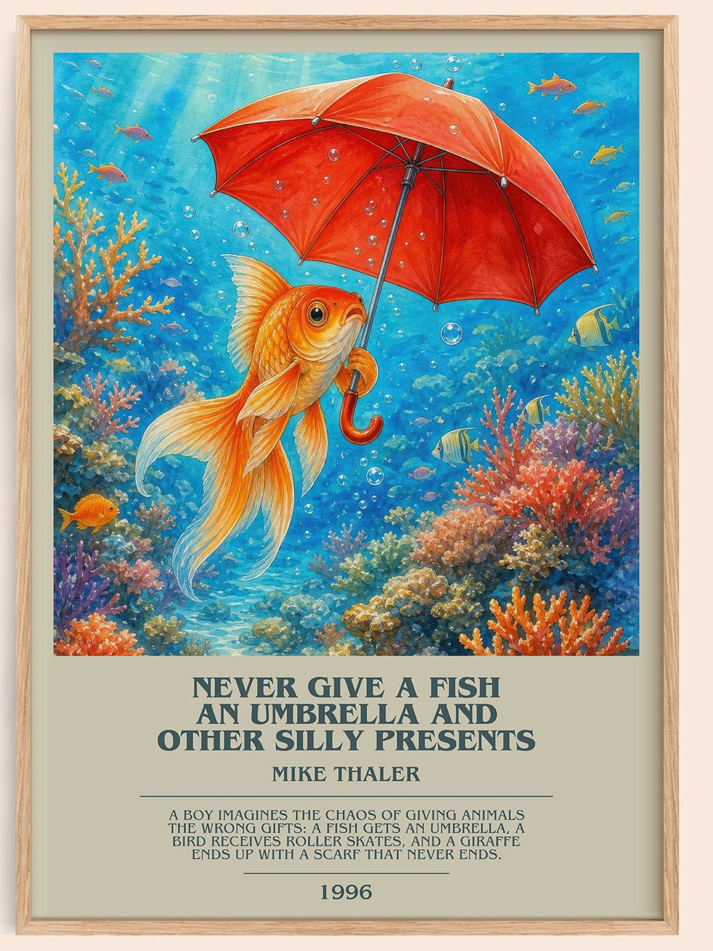 Never give a fish an umbrella and other silly presents bookish book poster by Mike Thaler – framed literary art print