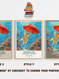 Never give a fish an umbrella and other silly presents book cover print in frame leaning in hallway – childrens wall art