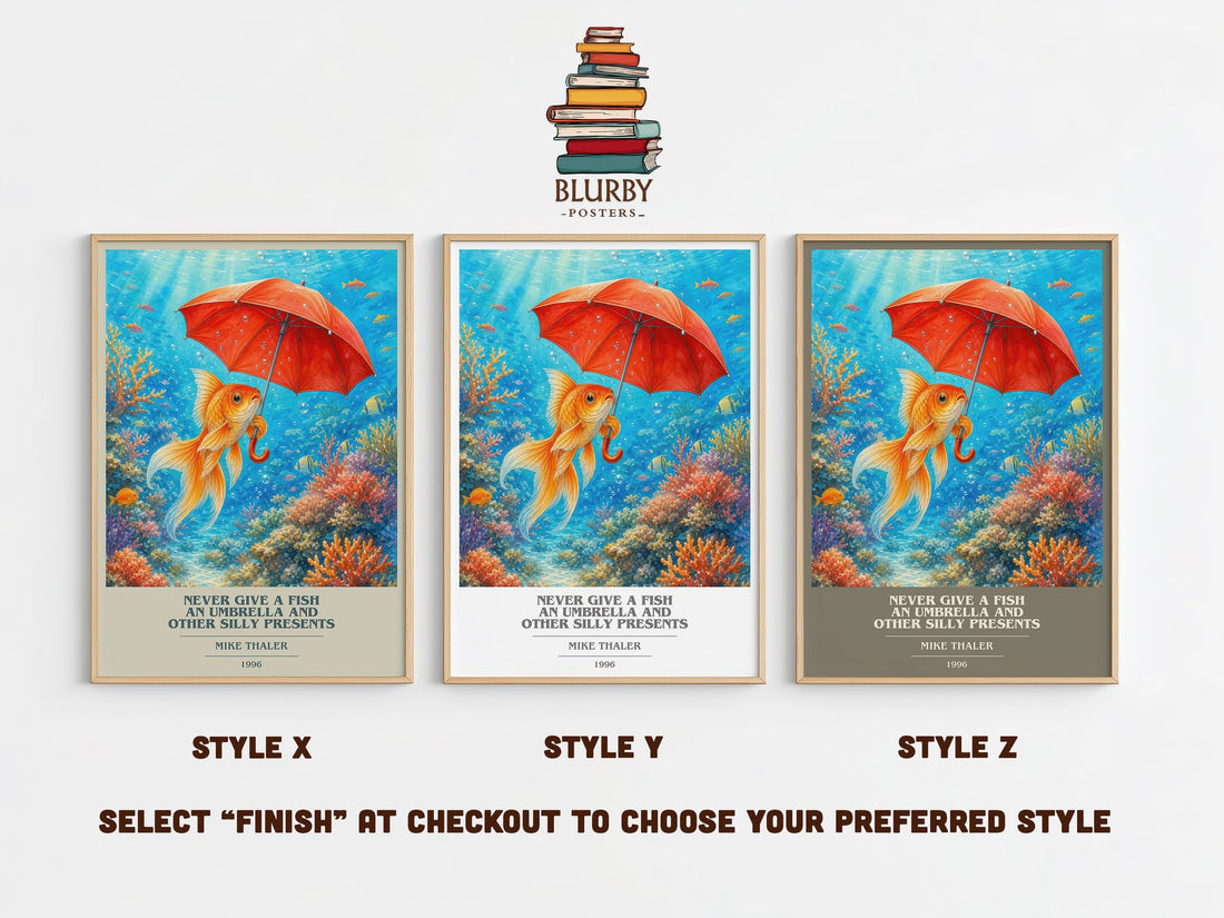 Never give a fish an umbrella and other silly presents book cover print in frame leaning in hallway – childrens wall art (mockup)
