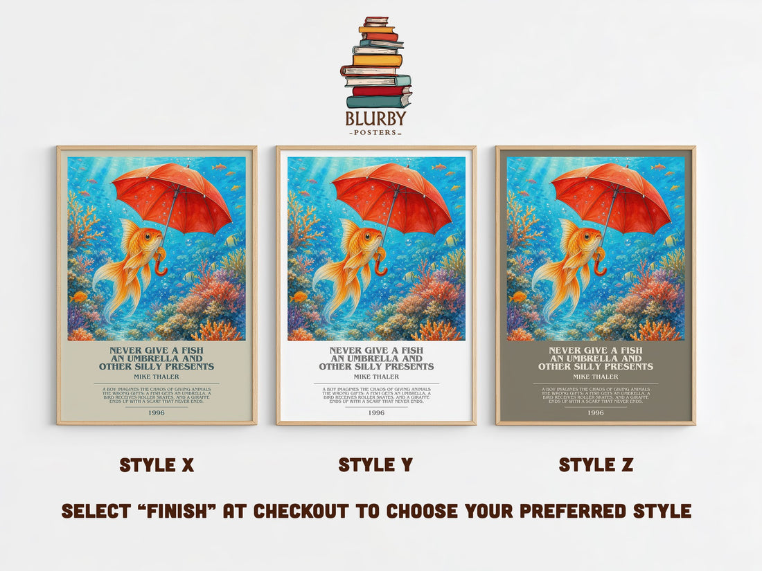 Never give a fish an umbrella and other silly presents bookish print in frame leaning in hallway – childrens wall art (mockup)