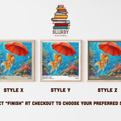 Never give a fish an umbrella and other silly presents literary print in frame leaning in hallway – childrens wall art