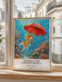Never give a fish an umbrella and other silly presents book cover poster colour and style options – Mike Thaler book art
