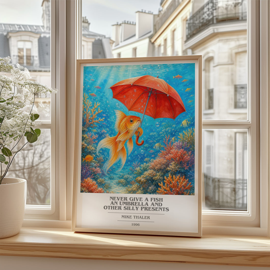 Never give a fish an umbrella and other silly presents book cover poster colour and style options – Mike Thaler book art