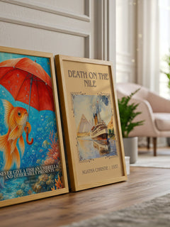 Never give a fish an umbrella and other silly presents watercolour print framed by window – literary home decor