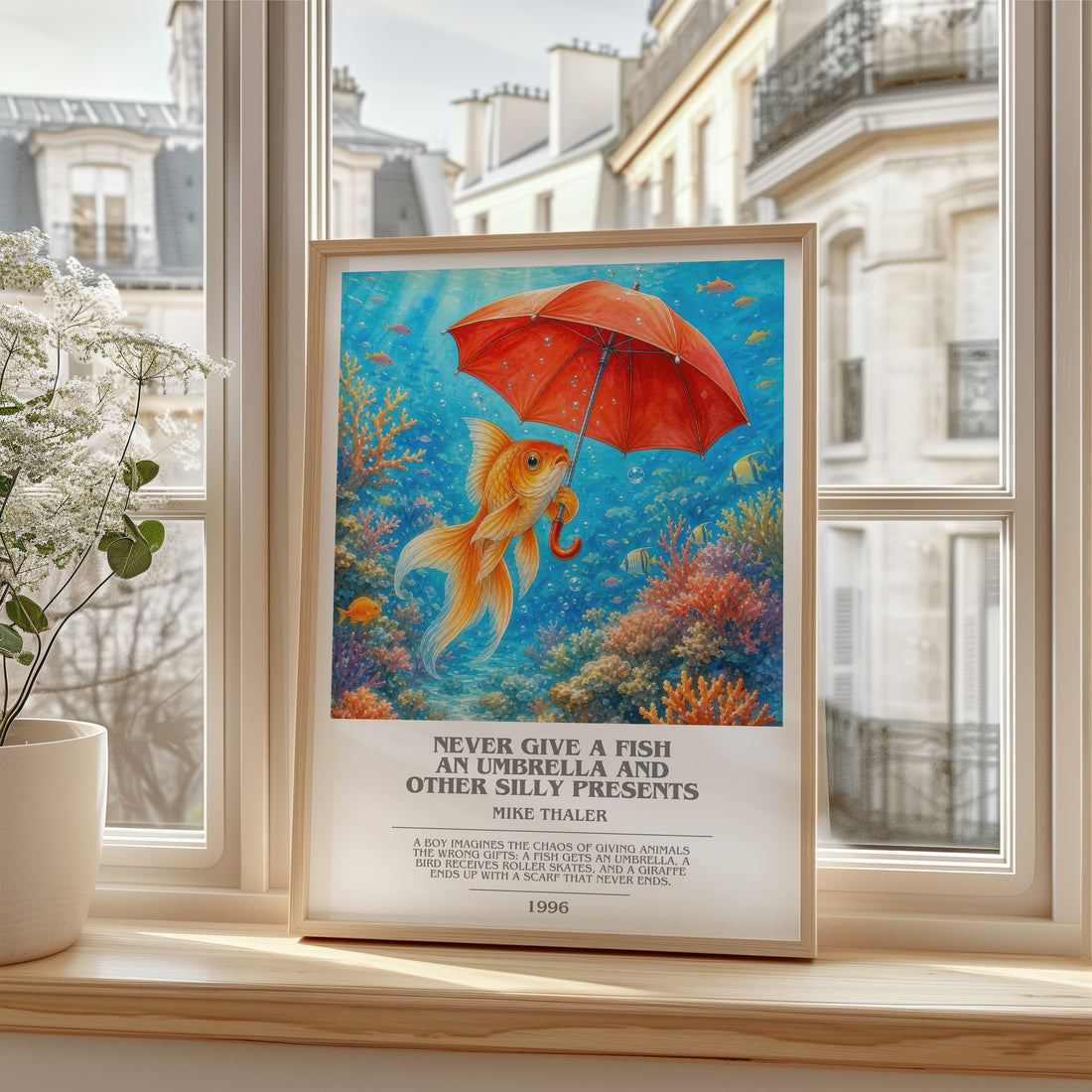Never give a fish an umbrella and other silly presents bookish poster colour and style options – Mike Thaler book art