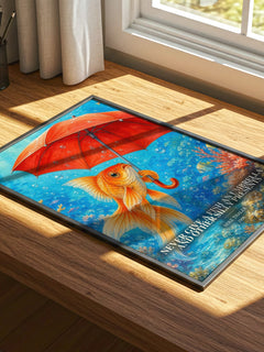 Never give a fish an umbrella and other silly presents watercolour book poster framed on wall – childrens wall art