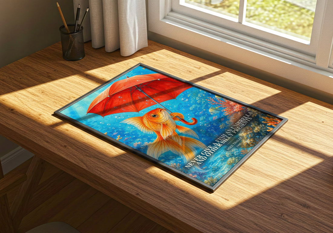 Never give a fish an umbrella and other silly presents watercolour book poster framed on wall – childrens wall art