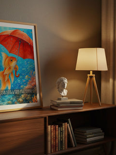 Never give a fish an umbrella and other silly presents watercolour print on bookshelf – Mike Thaler fan gift