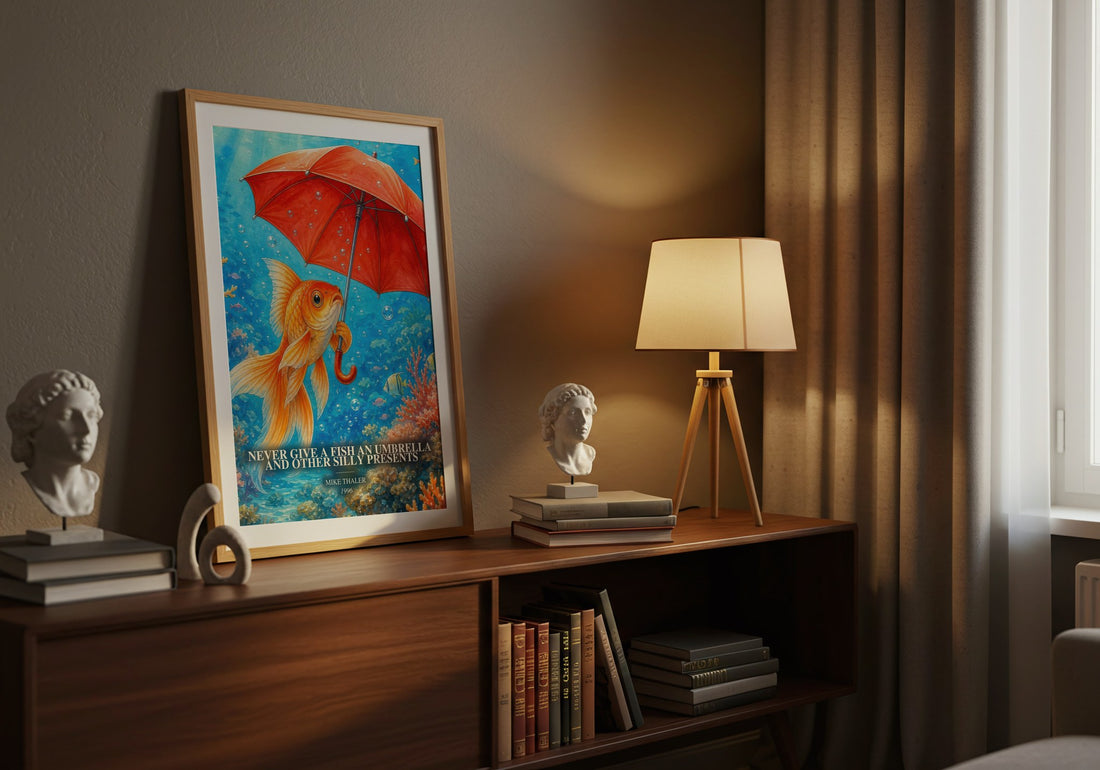 Never give a fish an umbrella and other silly presents watercolour print on bookshelf – Mike Thaler fan gift