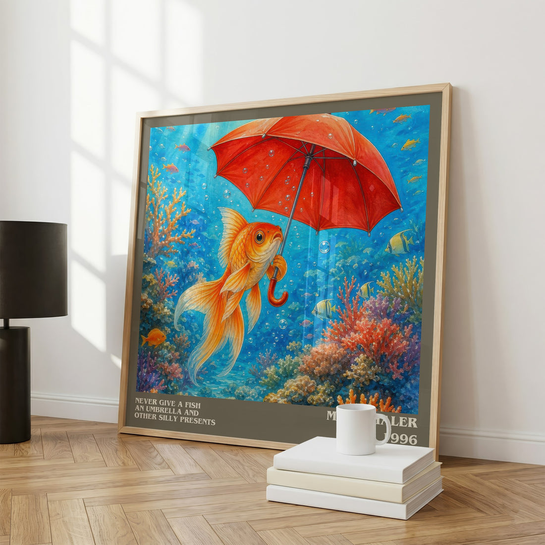 Never give a fish an umbrella and other silly presents literary print framed by window – literary home decor