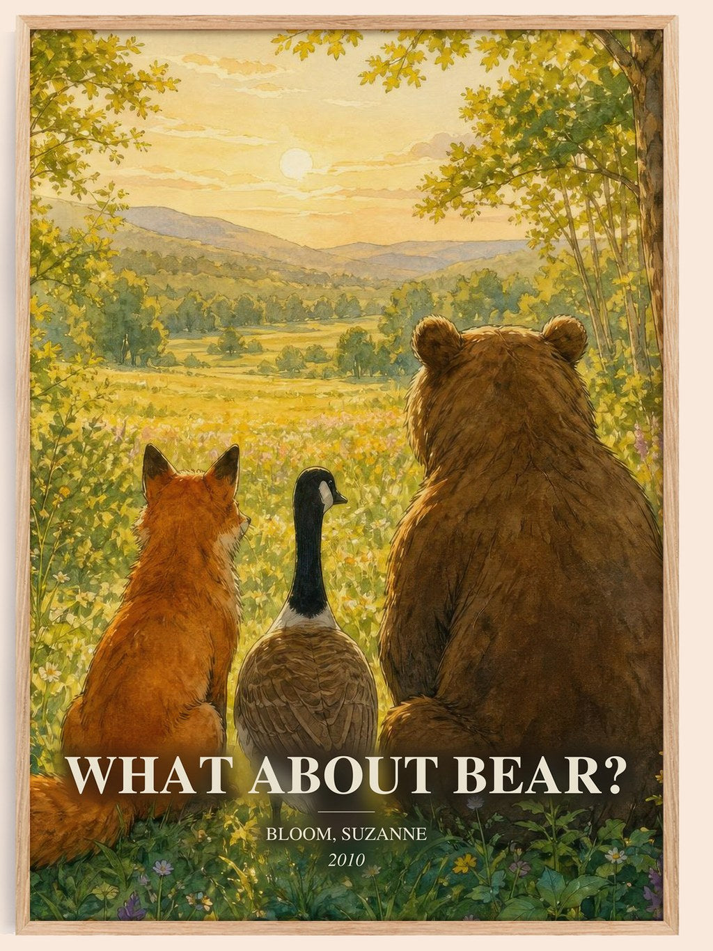 What about Bear? watercolour book poster by Bloom, Suzanne – framed literary art print
