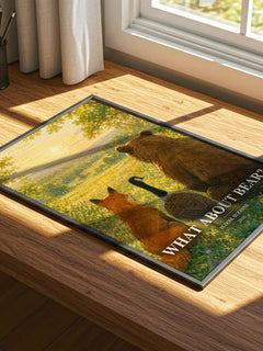 What about Bear? watercolour book poster framed on wall – childrens wall art