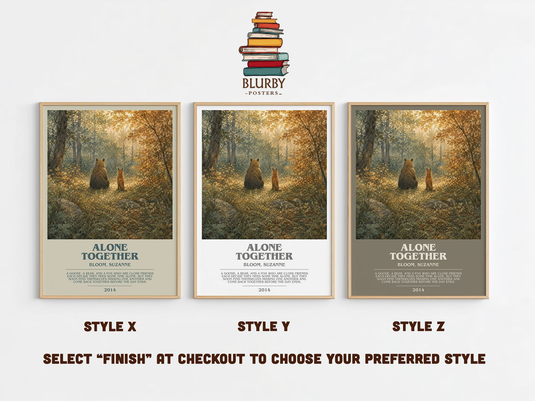 Alone together bookish print in frame leaning in hallway – childrens wall art (mockup)