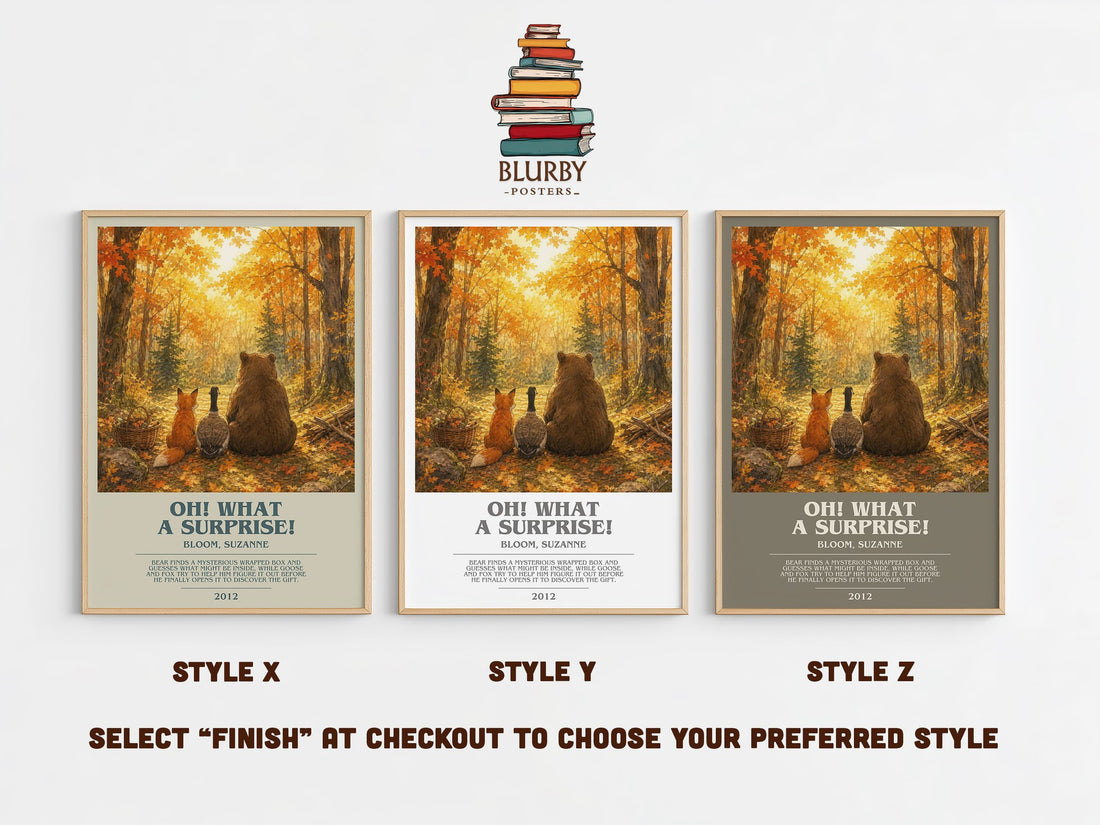 Oh! What a surprise! bookish print in frame leaning in hallway – childrens wall art (mockup)