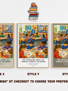 My Special Day at Third Street School book cover print in frame leaning in hallway – childrens wall art