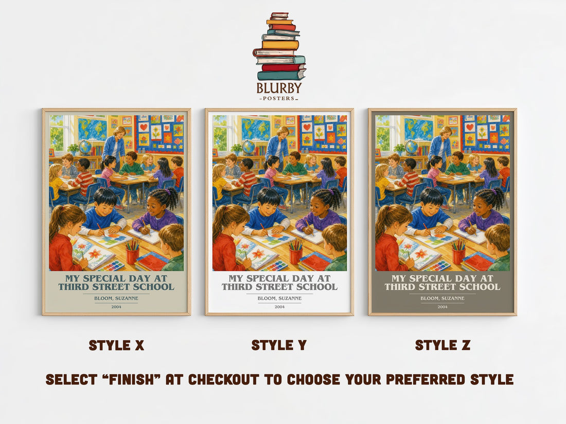 My Special Day at Third Street School book cover print in frame leaning in hallway – childrens wall art (mockup)