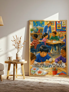 My Special Day at Third Street School watercolour print in frame leaning in hallway – childrens wall art