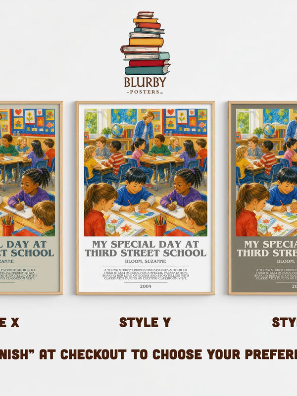 My Special Day at Third Street School bookish print in frame leaning in hallway – childrens wall art