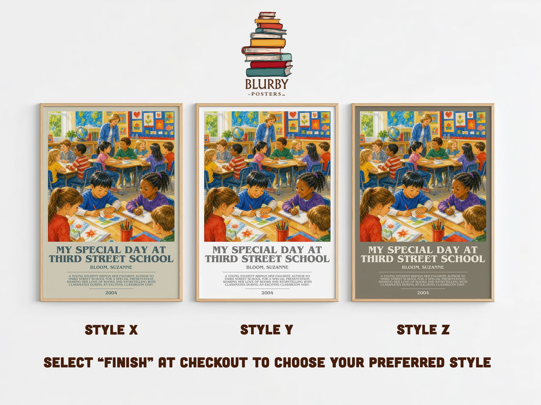 My Special Day at Third Street School bookish print in frame leaning in hallway – childrens wall art (mockup)