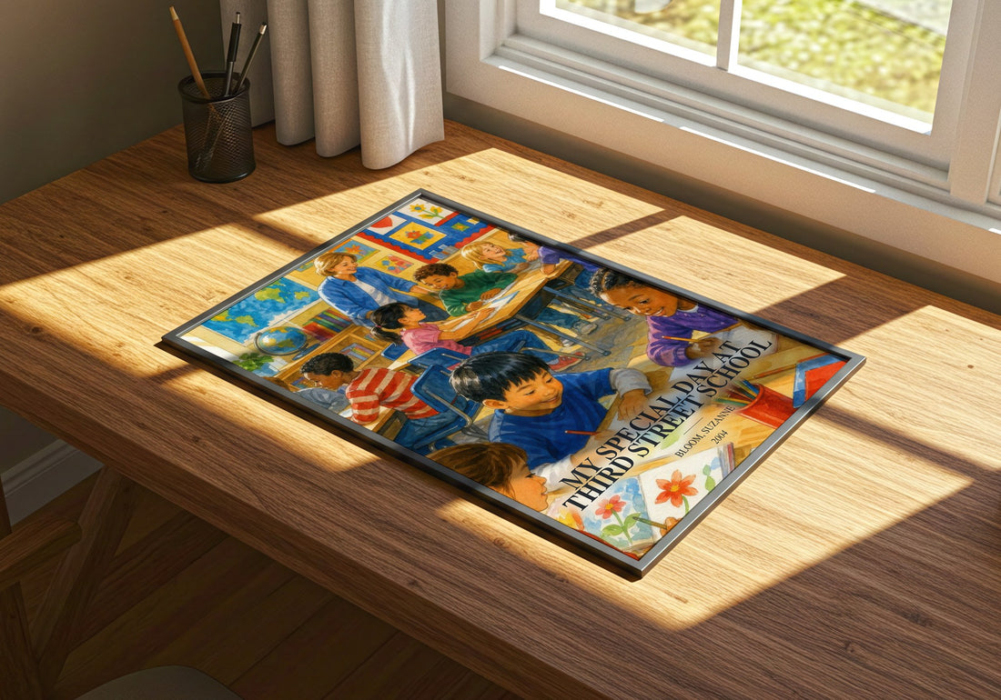 My Special Day at Third Street School watercolour book poster framed on wall – childrens wall art