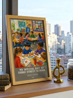 My Special Day at Third Street School book cover print framed by window – literary home decor