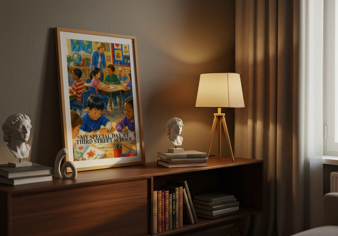 My Special Day at Third Street School watercolour print on bookshelf – Bloom, Suzanne fan gift