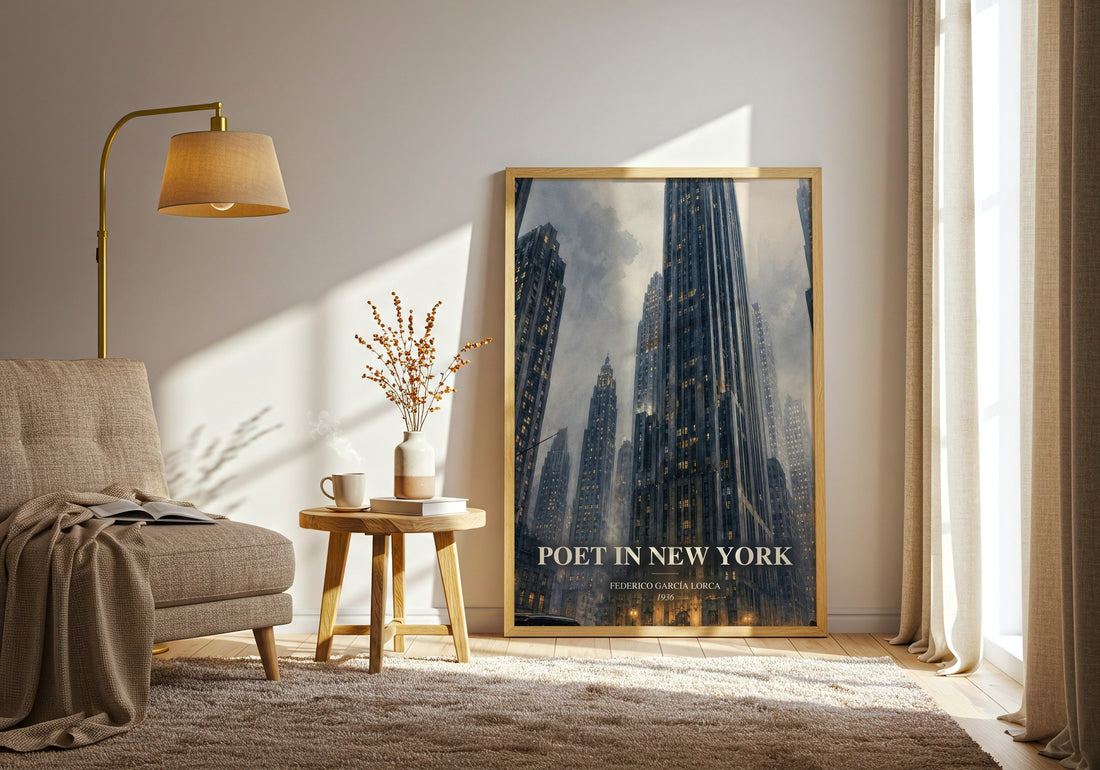 Poet in New York watercolour print in frame leaning in hallway – poetry wall art