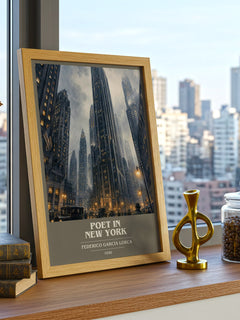 Poet in New York book cover print framed by window – literary home decor