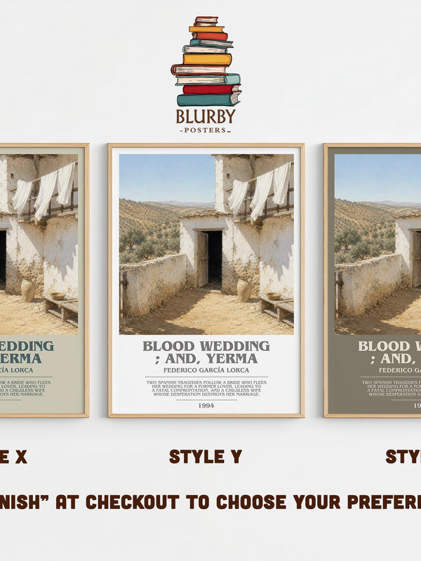 Blood wedding ; and, Yerma bookish print in frame leaning in hallway – poetry wall art
