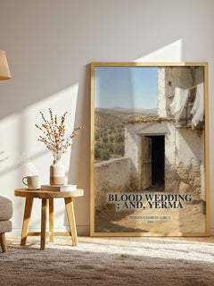 Blood wedding ; and, Yerma watercolour print in frame leaning in hallway – poetry wall art