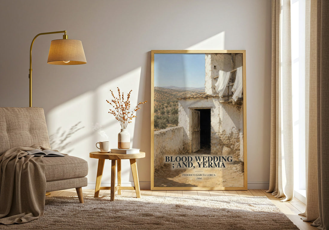 Blood wedding ; and, Yerma watercolour print in frame leaning in hallway – poetry wall art