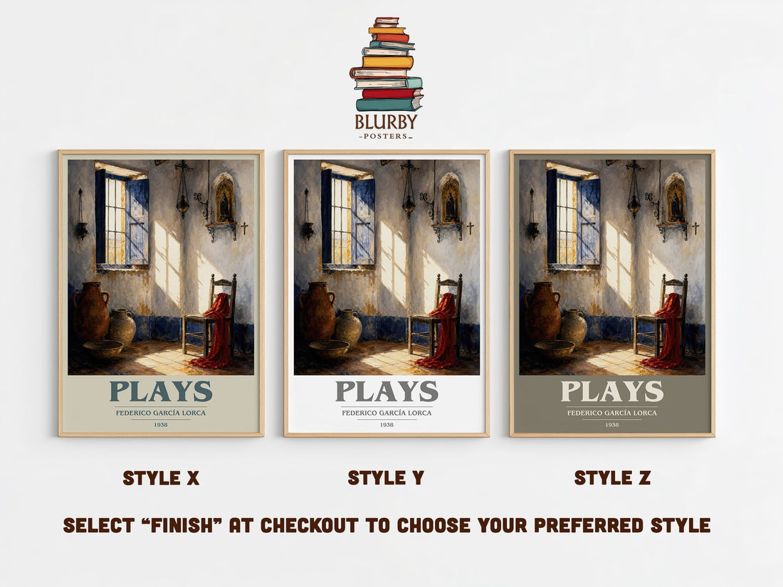 Plays book cover print in frame leaning in hallway – literary fiction wall art (mockup)