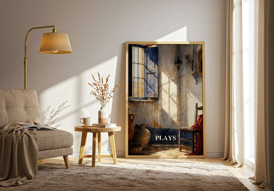 Plays watercolour print in frame leaning in hallway – literary fiction wall art