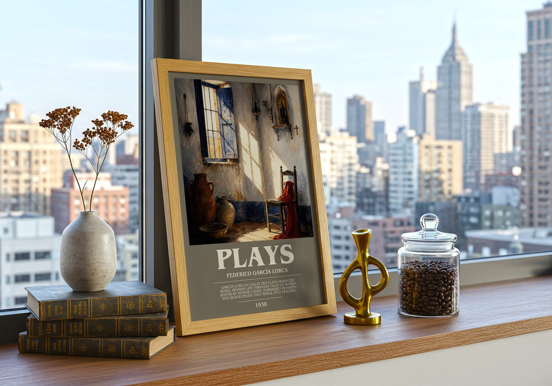 Plays bookish print framed by window – literary home decor
