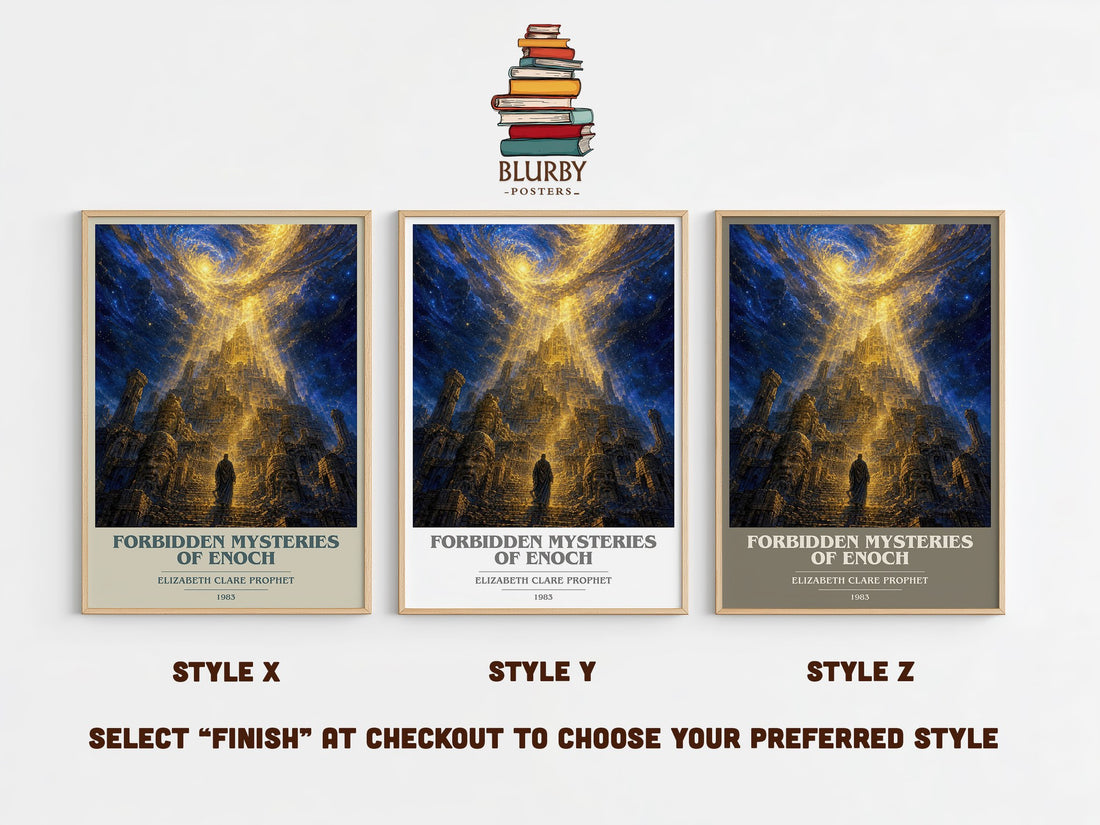 Forbidden mysteries of Enoch book cover print in frame leaning in hallway – non fiction wall art (mockup)