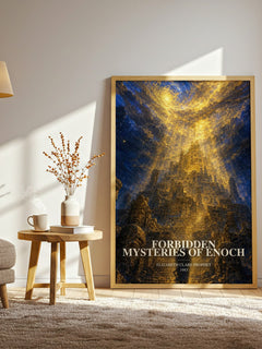 Forbidden mysteries of Enoch watercolour print in frame leaning in hallway – non fiction wall art