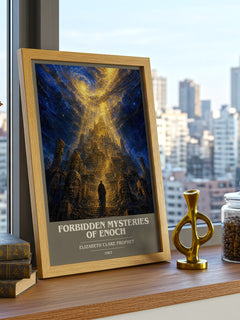 Forbidden mysteries of Enoch book cover print framed by window – literary home decor
