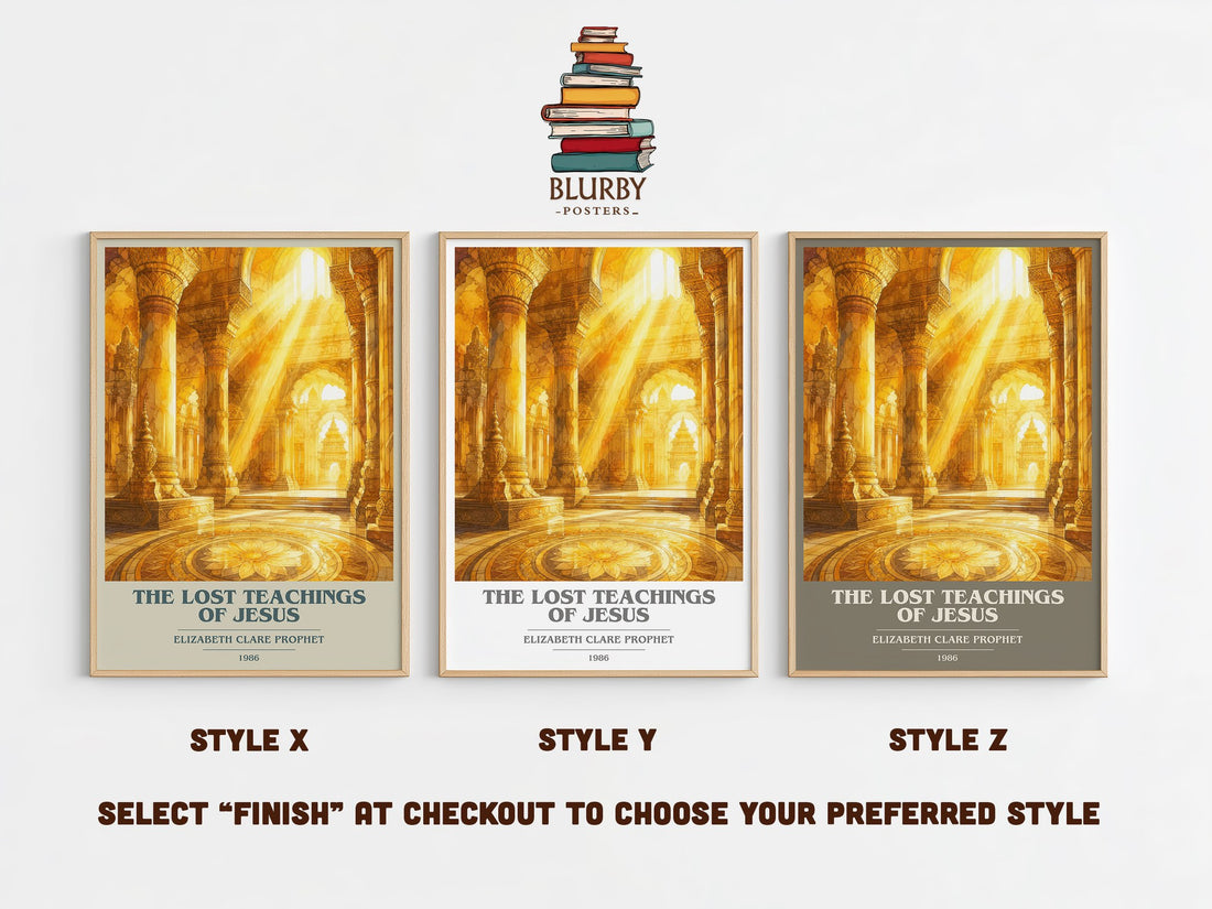 The lost teachings of Jesus book cover print in frame leaning in hallway – non fiction wall art (mockup)