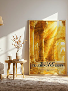 The lost teachings of Jesus watercolour print in frame leaning in hallway – non fiction wall art