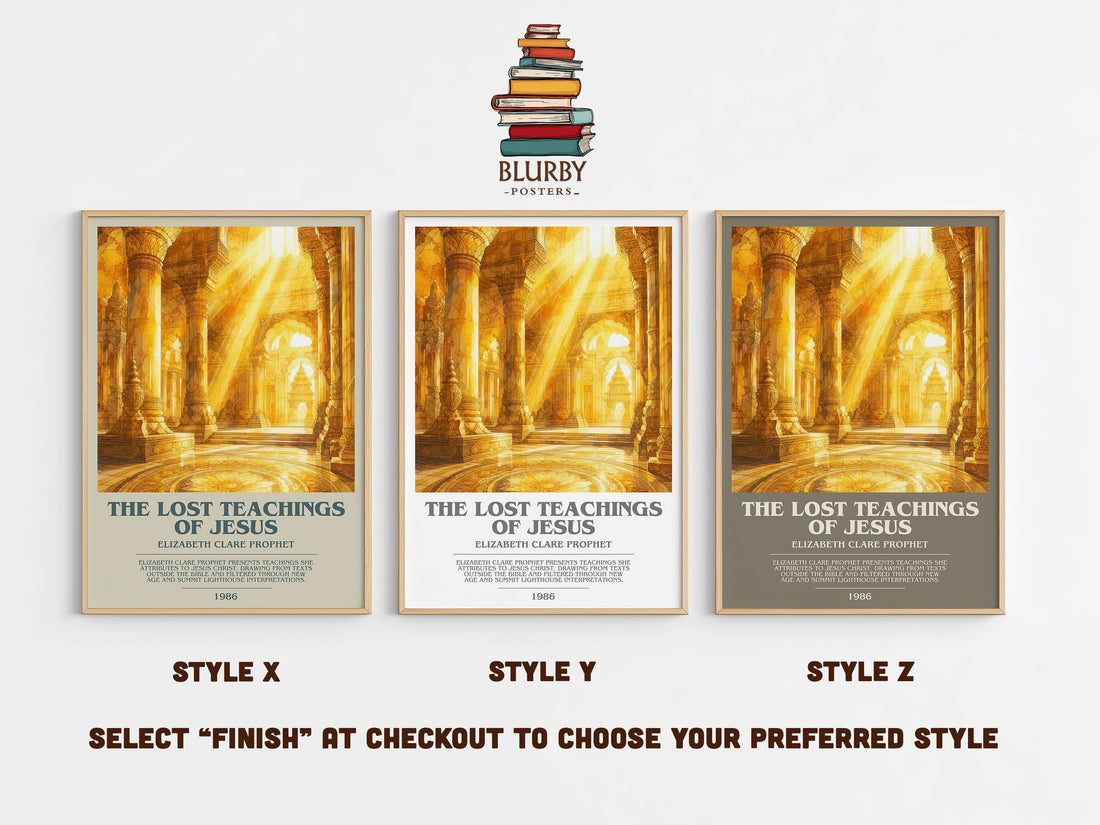 The lost teachings of Jesus bookish print in frame leaning in hallway – non fiction wall art (mockup)